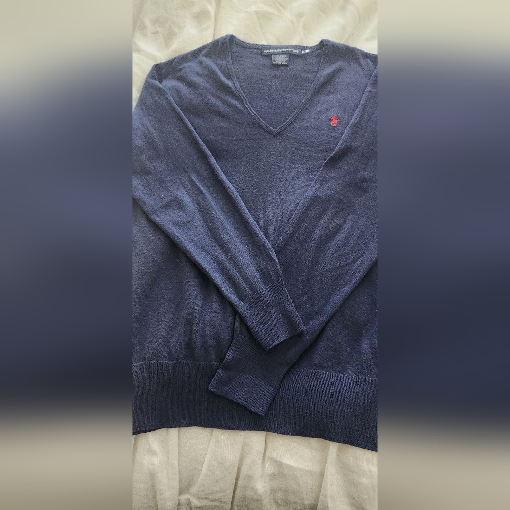 Ralph Lauren Sport Navy V-Neck Cotton Sweater Red PonyX- Large--RALPH - Picture 6 of 7